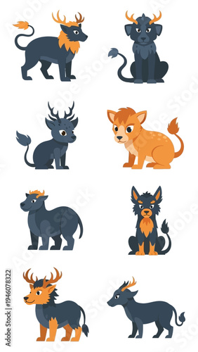A collection of diverse and whimsical mythological creatures rendered in a cartoon style for