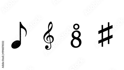 A collection of musical symbols including a clef note rest and sharp