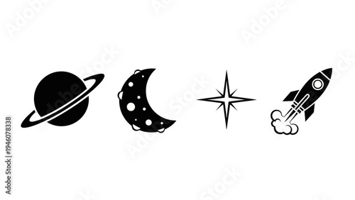 A collection of simple black icons representing space exploration and celestial bodies for graphic
