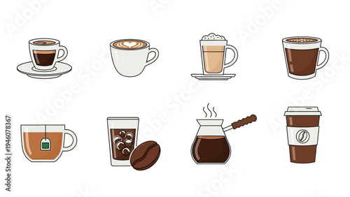 A collection of stylized illustrations representing various coffee and tea drinks