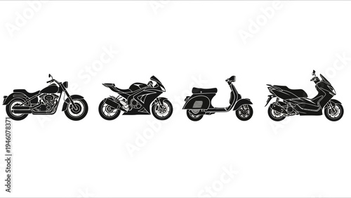 A diverse collection of iconic motorcycles and scooters in silhouette