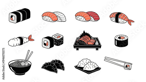 A diverse collection of Japanese food illustrations including sushi ramen and dumplings