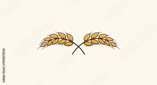 Two golden wheat ears crossing elegantly on a light background, symbolizing harvest and agriculture.