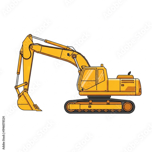 Isolated heavy yellow excavator industrial machinery with a hydraulic bucket shovel for construction and digging work on a white background