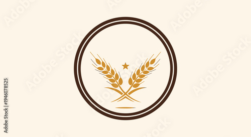 Golden Wheat Ears with Star in Circular Frame, Premium Agriculture Quality Emblem