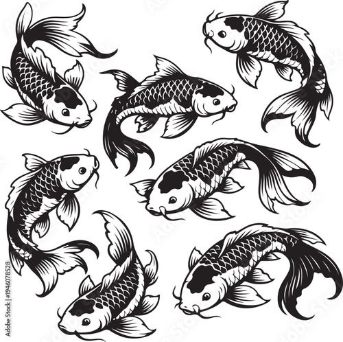 koi fish in various swimming poses detailed silhouette illustration