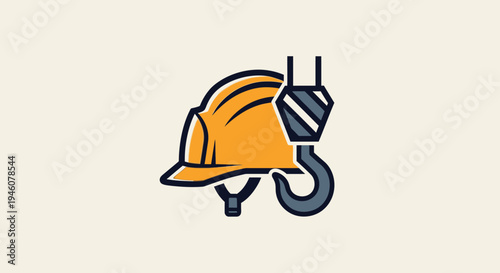 Orange Construction Hard Hat and Crane Hook, Industrial Safety Equipment Icon