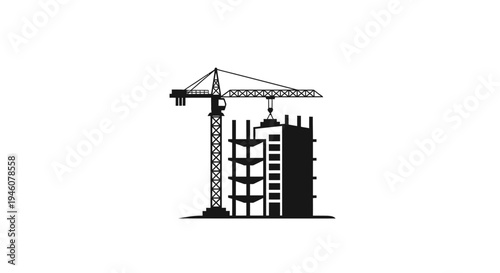 Silhouette of Tower Construction Crane and Building Under Development, Urban Engineering Icon