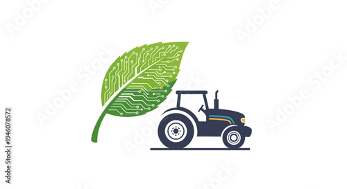Green Circuit Board Leaf and Farm Tractor, Sustainable Smart Agriculture Concept Illustration