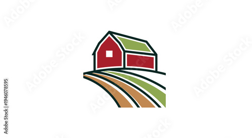 Red Barn House on Rolling Green Farm Hills, Minimalist Rural Landscape Illustration