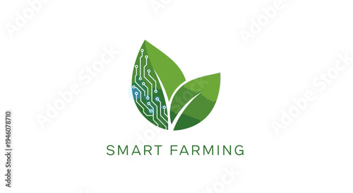 Smart Farming Technology Concept with Green Leaves and Circuit Board Pattern, isolated white background