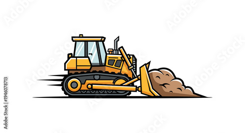 Yellow Bulldozer Pushing Dirt Pile Construction Vehicle, isolated white background