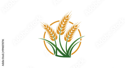 Golden Wheat Ears and Green Leaves Agriculture Logo Design, isolated white background