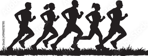 Runners on grass against silhouette vector white background