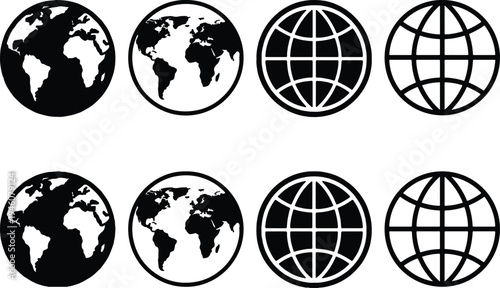 Collection of eight diverse globe icons, including detailed world maps and simplified grid representations in black and white for digital use.