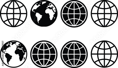 Eight varied globe icons presented in black and white, showcasing detailed continents and abstract grid patterns, ideal for digital interfaces and branding.