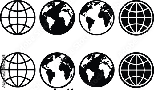 Eight unique globe icons in a monochrome palette, featuring realistic earth maps and abstract grid designs, perfect for web design, apps, and conceptual graphics.