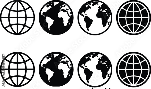 A set of eight monochrome globe icons featuring both abstract grid patterns and realistic world map illustrations.
