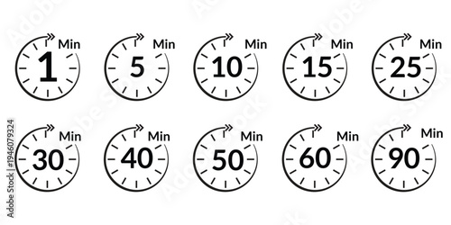 Set of clock icons with minutes on white background  time timer symbols