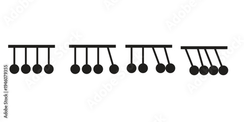 Four newton cradles swinging pendulum balls on metal rods  demonstrating physics concept