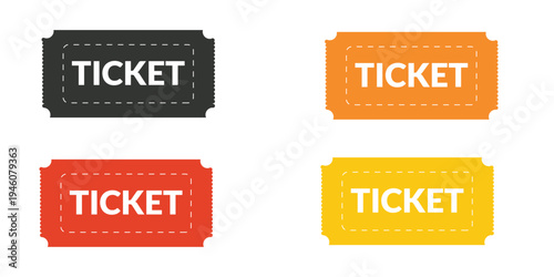 Colorful ticket icons in black orange red and yellow for event admission  various colored tickets with ticket text