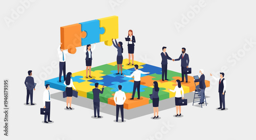 Business team assembling a giant jigsaw puzzle, symbolizing teamwork, strategy, and collaboration