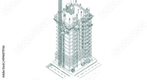 Isometric city skyscraper, modern high-rise building, urban architecture, green blueprint design