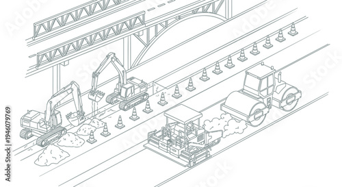 Construction, roadwork, infrastructure, heavy machinery, vector illustration