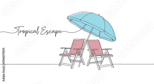 Vector illustration of 2 pink beach chairs with blue umbrella, tropical escape theme