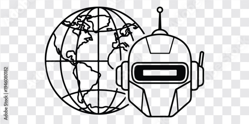 Artificial intelligence technology illustration robot head with globe global connectivity concept