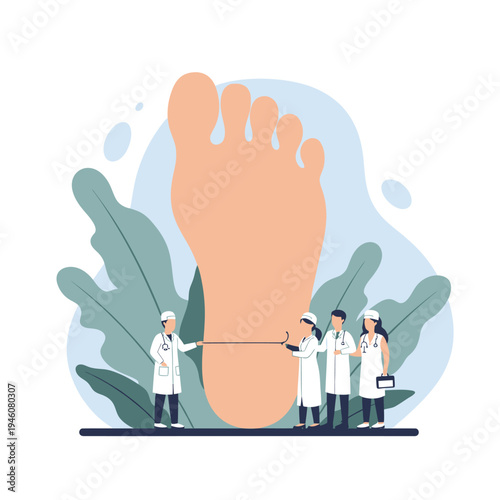 Doctors Measuring Giant Foot with Tape Measure, Podiatry Concept