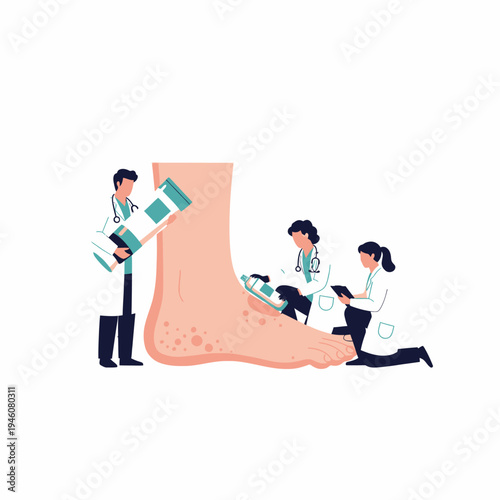 Doctors treating a large foot with skin condition, illustration