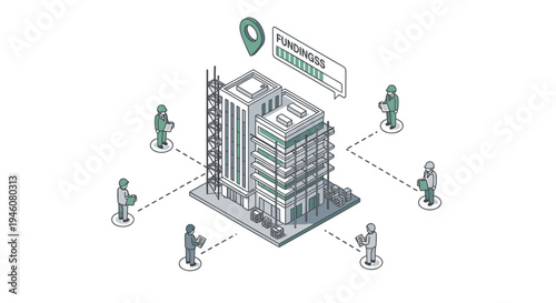 Isometric office building vector with connected people