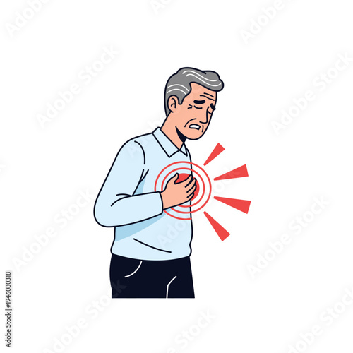 Elderly man clutching chest in pain, heart attack symptom, chest pain, medical emergency