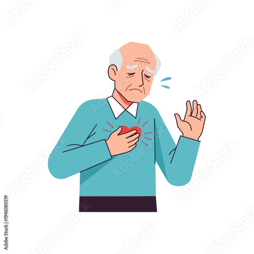 Elderly man clutching chest in pain, heart attack symptom, health emergency