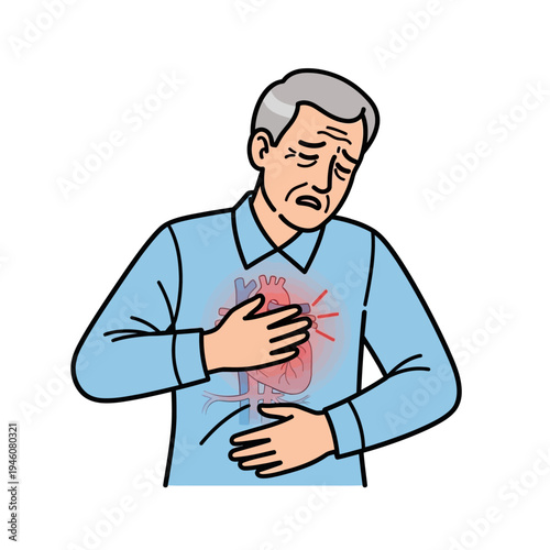 Elderly man clutching chest in pain, heart attack symptom, chest pain, medical emergency