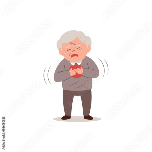 Elderly man clutching chest in pain, heart attack symptom, chest pain, senior health issue