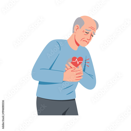 Elderly man clutching chest in pain, heart attack symptom, medical emergency