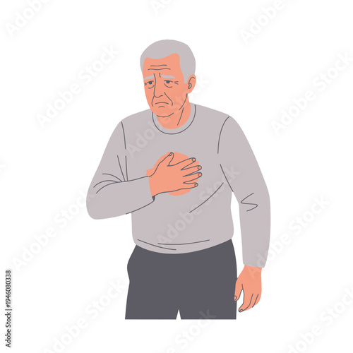 Elderly man clutching chest in pain, possible heart attack or chest pain symptom