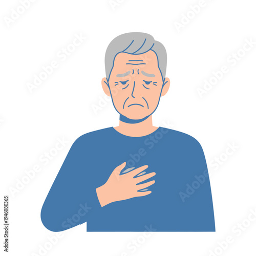 Elderly Man Feeling Chest Pain, Heart Attack Symptom, Sadness, Distress, Medical Emergency
