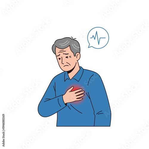 Elderly man holding chest in pain, heart attack symptom, cardiology concept