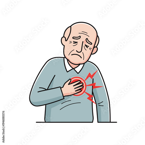 Elderly man holding chest in pain, heart attack symptom, medical emergency concept