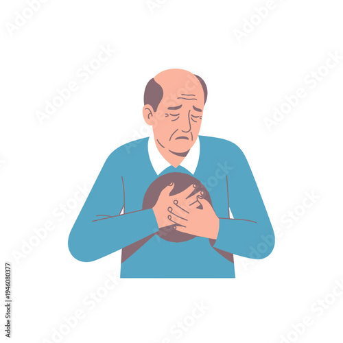 Elderly man holding chest in pain, heart attack symptom, chest pain, old age health problem