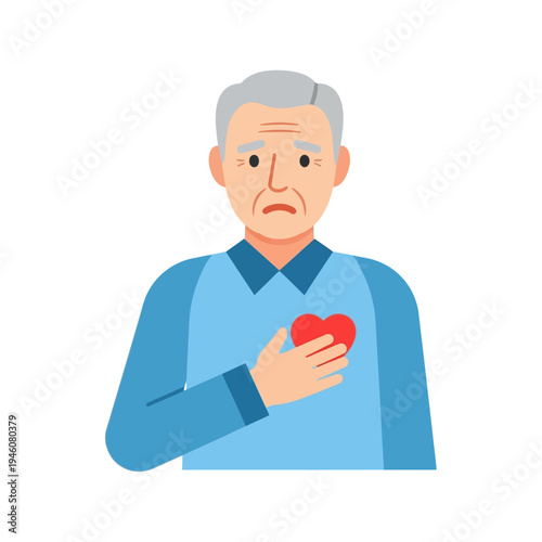 Elderly man holding chest in pain, heart attack symptom, health problem, senior healthcare concept