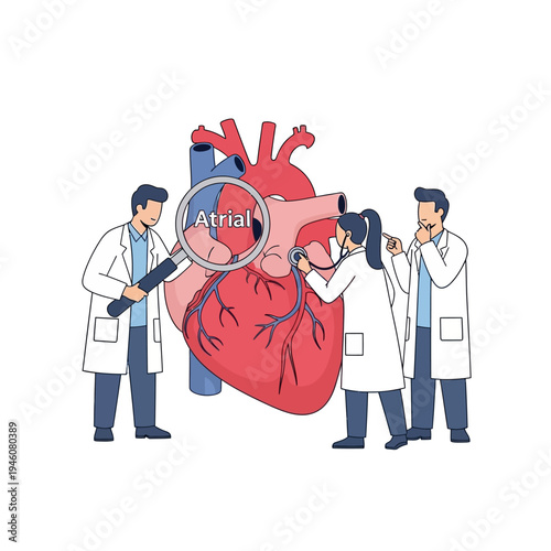 Doctors examining a human heart with a magnifying glass, focusing on the atrial region.