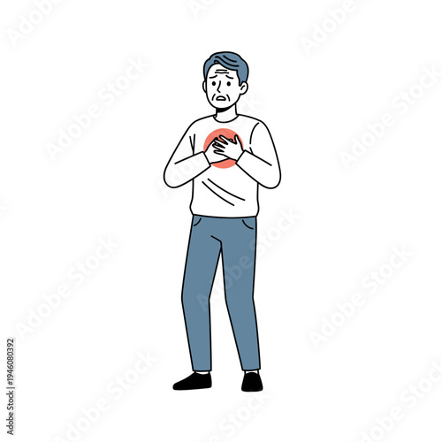 Elderly man with chest pain, heart attack symptom, medical emergency, feeling unwell