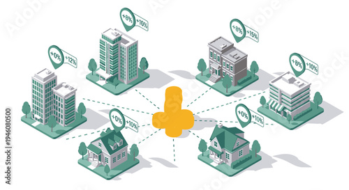 Set of 6 isometric city buildings vector, network connection