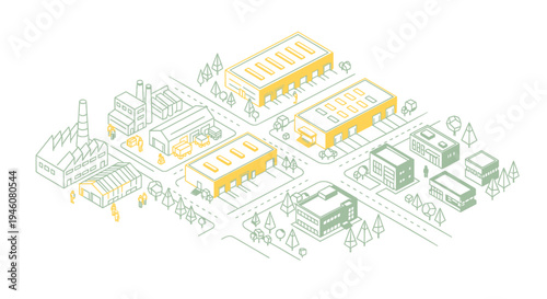 Set of industrial buildings and factory icons vector
