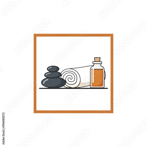 Hot stones, rolled towel, and massage oil on white background  