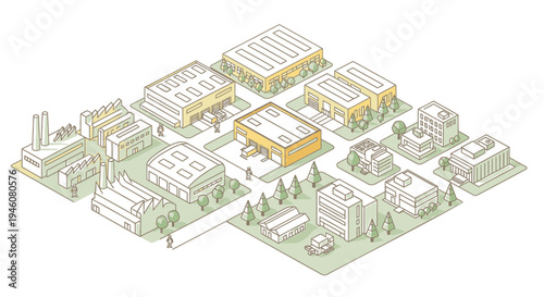 Vector illustration of industrial complex with buildings and factories
